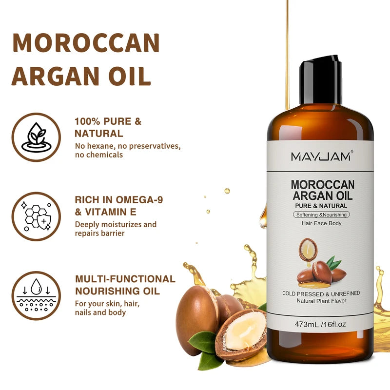 Natural Moroccan Argan Oil for Skin Hair and Body - 473ml Cold Pressed Moisturizer