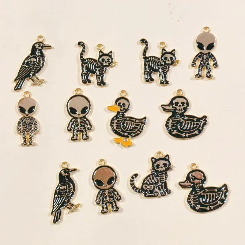 Halloween Skeleton Crow Duck Cat Alien Charms 10pcs Jewelry Pendants for Earrings & Crafts
