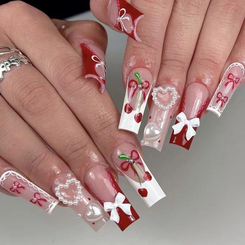 24PCS Nude Pink Fake Nails Set with 3D Bowknots & Flower Design - French Style Press On Tips
