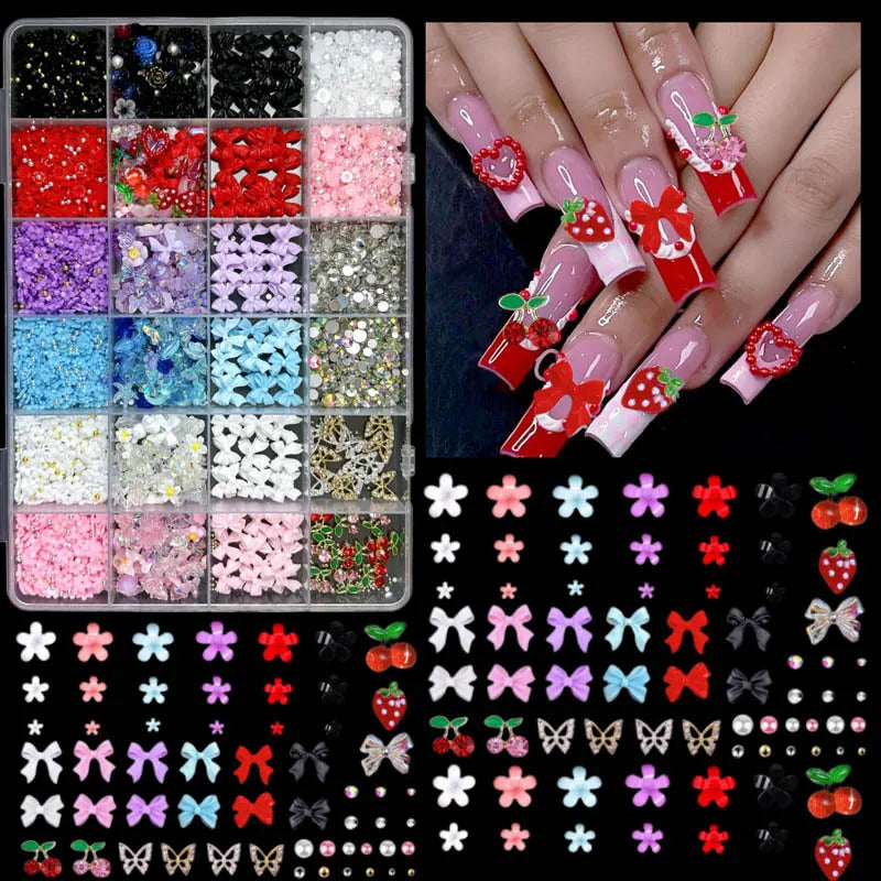 Mixed Nail Art Charms Set with Ribbons Bows Flowers Cherry Strawberries Metal Butterflies - DIY Nail Decorations