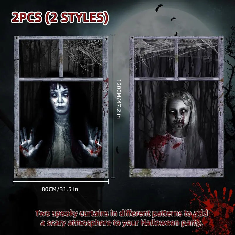 Halloween Ghost Curtain Decorations 2 Pack - Indoor/Outdoor Window Coverings