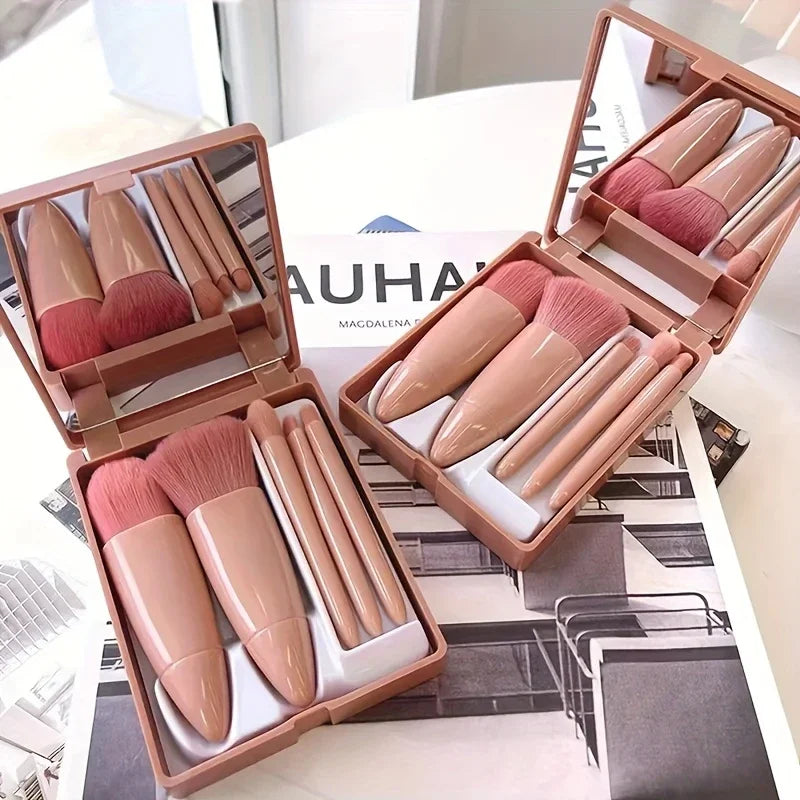 5-Piece Makeup Brush Set with Mirror and Travel Case - Includes Blush, Eyeshadow, Loose Brushes