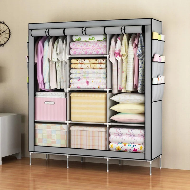 Portable Closet Organizer Storage Rack with 3 Hanging Bars and 6 Compartments