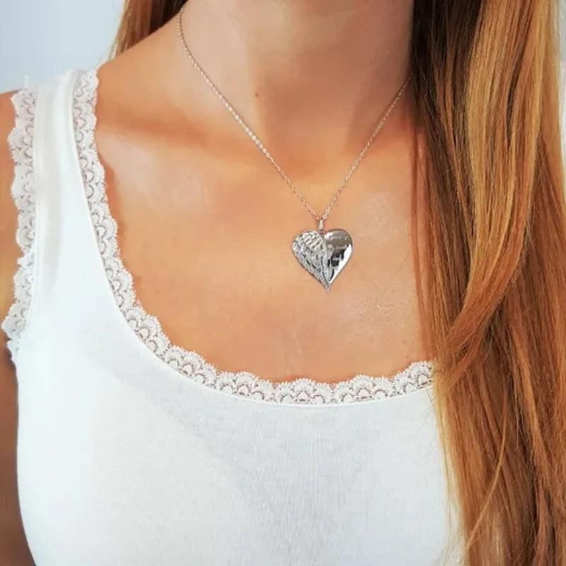 Angel Wings Pendant Necklace for Women - Engraved Heart Jewelry