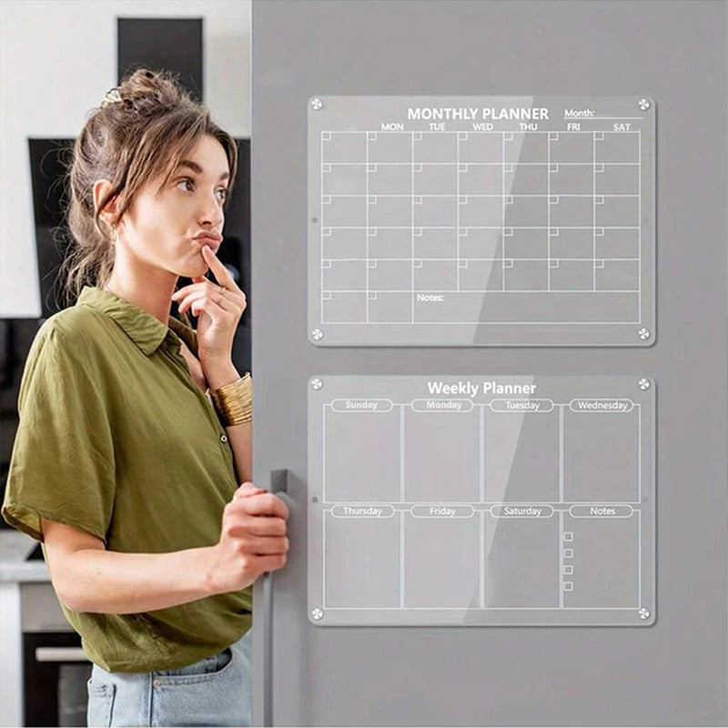 Magnetic Reusable Acrylic Fridge Calendar Board with Markers - Monthly & Weekly Planner for Home & Office