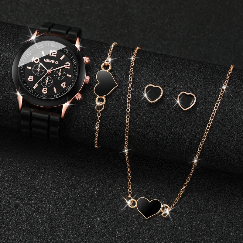 Women’s Fashion Quartz Watch Set with Silicone Band and Jewelry Accessories 5-6PCS