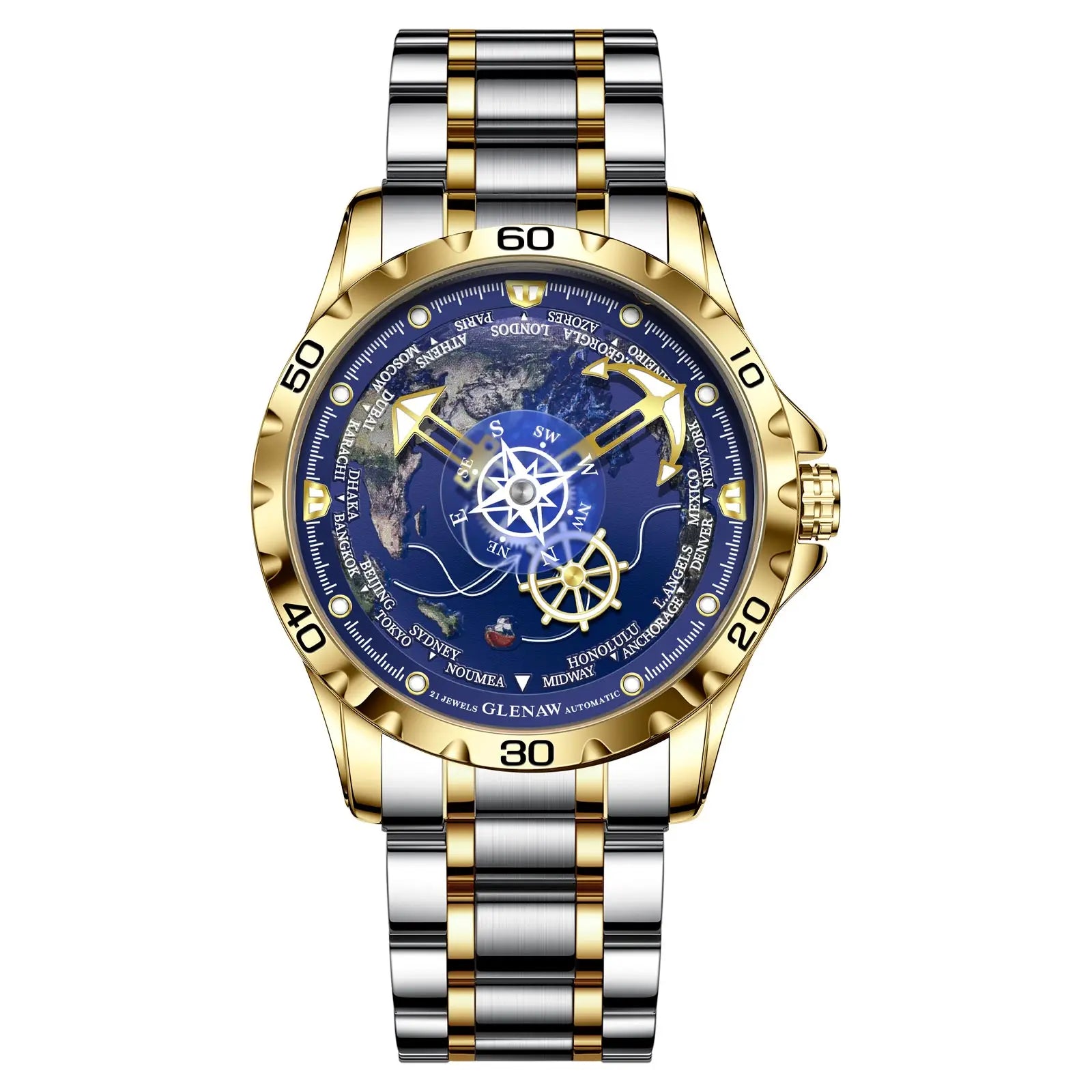 Automatic Mechanical Watch with Globe Dial for Men - Gold, Silver & Black Variants