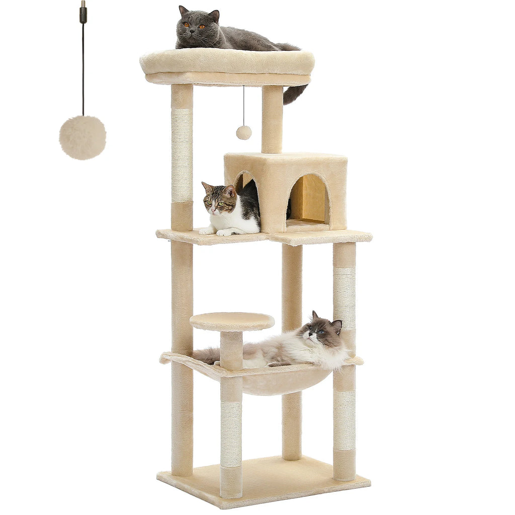 Multi-Level Cat Tree Tower for Indoor Cats with Large Hammock & Sisal Posts