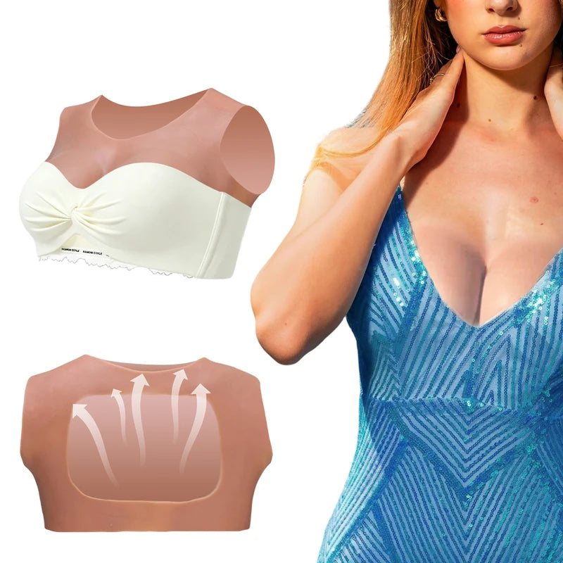 Breathable Realistic Fake Breasts for Cosplay & Transgender, Low-Cut Back
