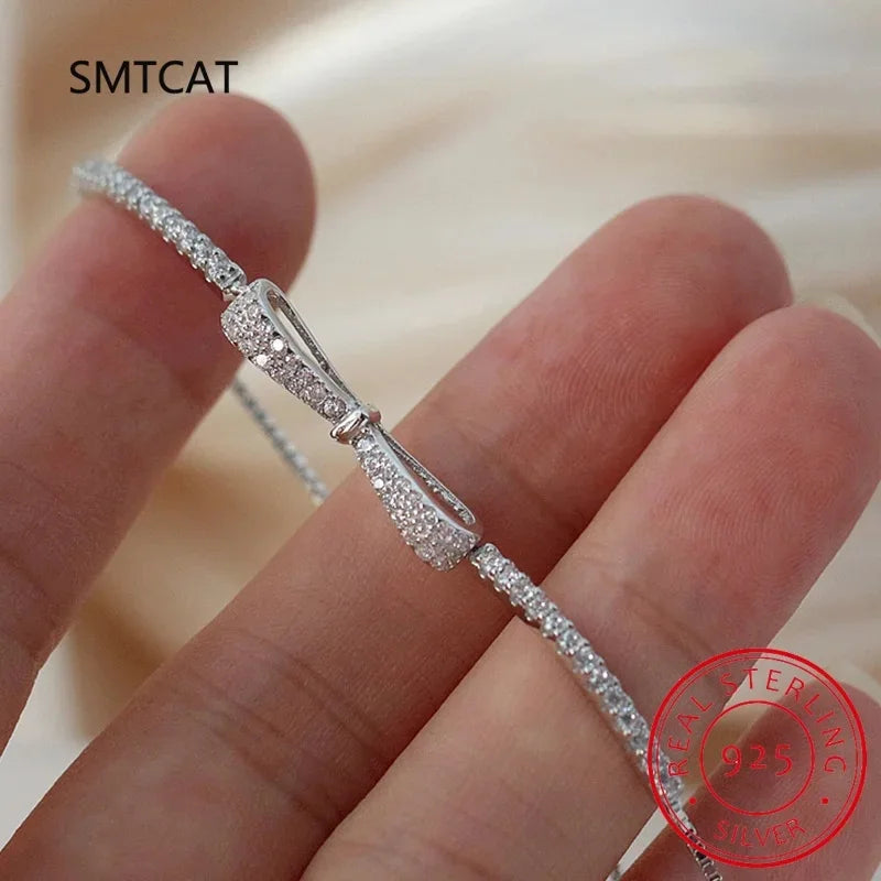 Sterling Silver Bowknot Bracelet for Women & Men with Zircon - Wedding Party Jewelry
