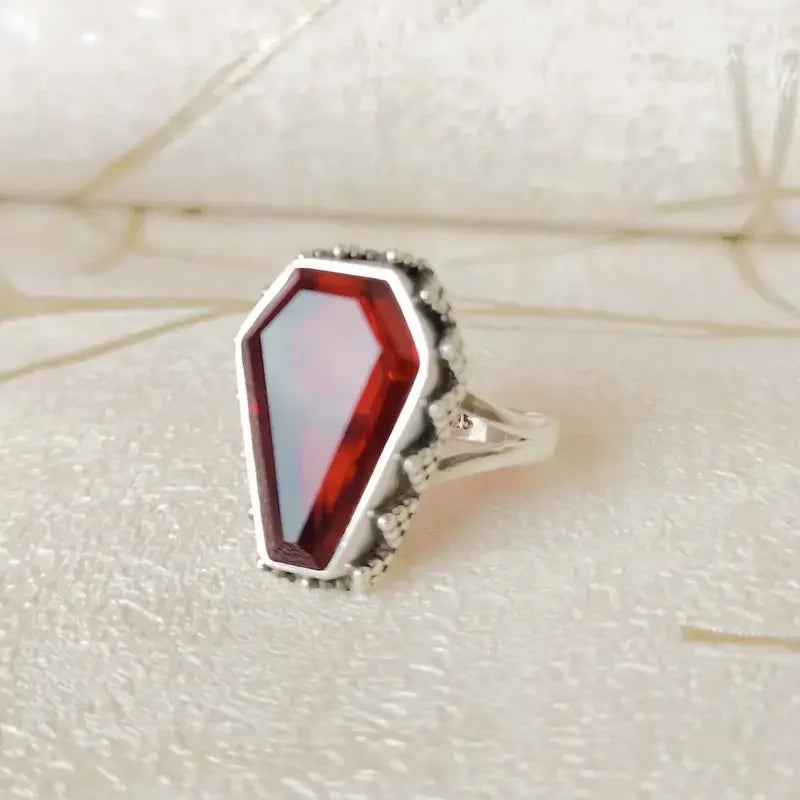 Retro Garnet Coffin Shape Silver Ring for Women Boho Gothic Halloween Jewelry
