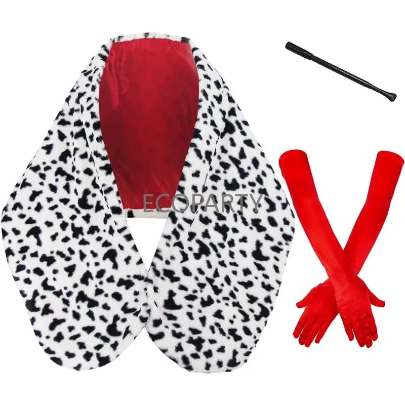 Women Cruella Deville Costume Accessories Leopard Print Scarf Gloves Halloween Cosplay
