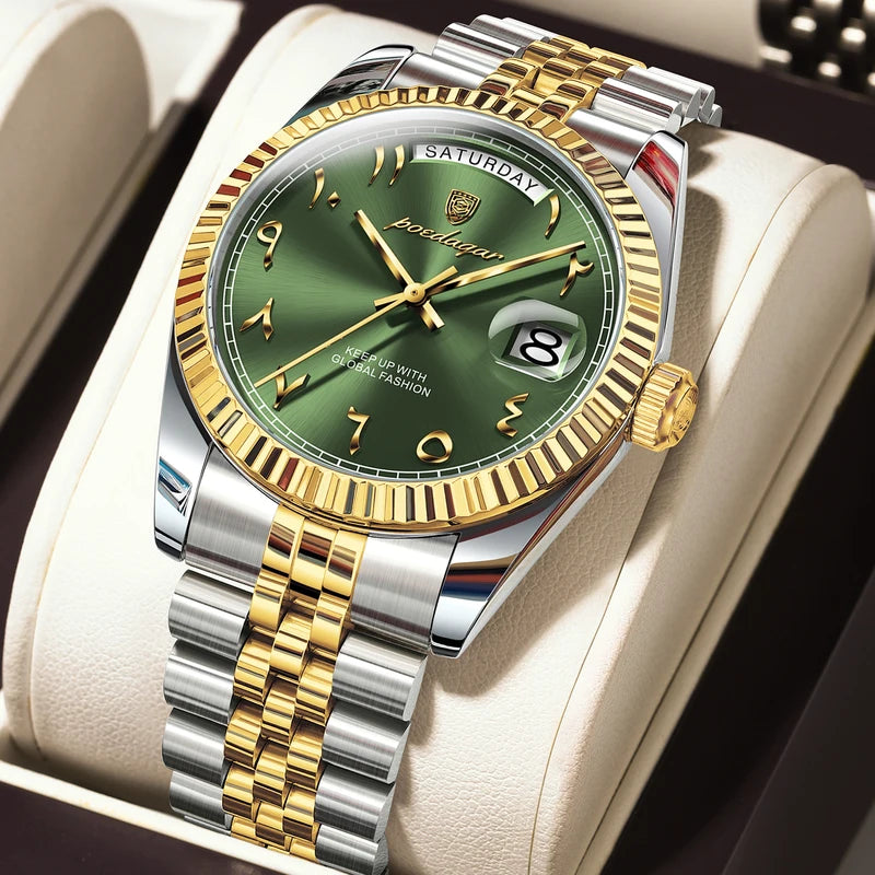 Men's Waterproof Stainless Steel Quartz Wristwatch with Date and Week Display