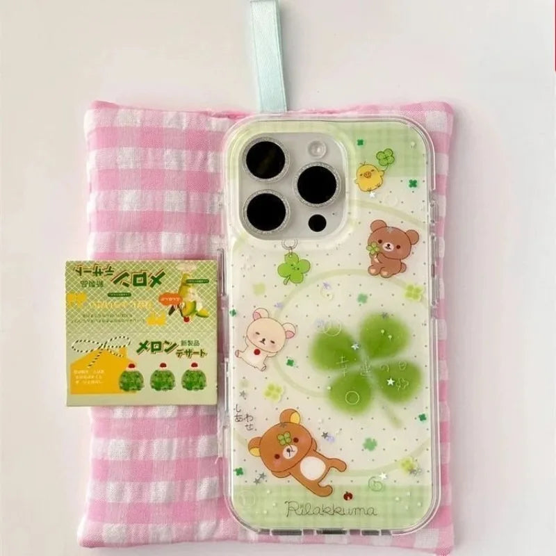 Cute Rilakkuma Four-Leaf Clover Phone Case - Protective Cover for iPhone 11-17 Pro Max