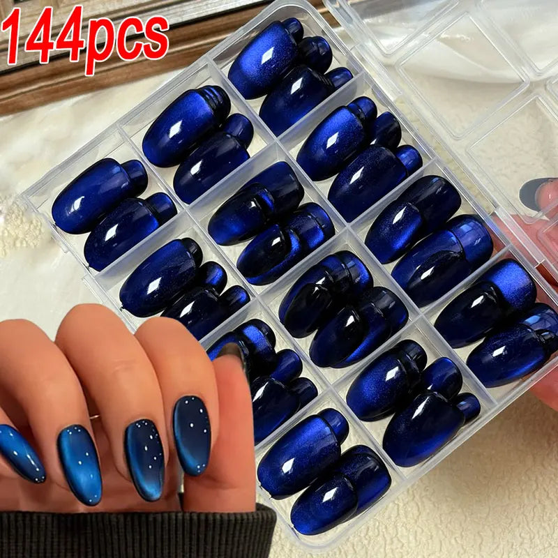 Glossy Dark Blue Cat Eye False Nails Set - Sparkly Medium Oval Press On Nails