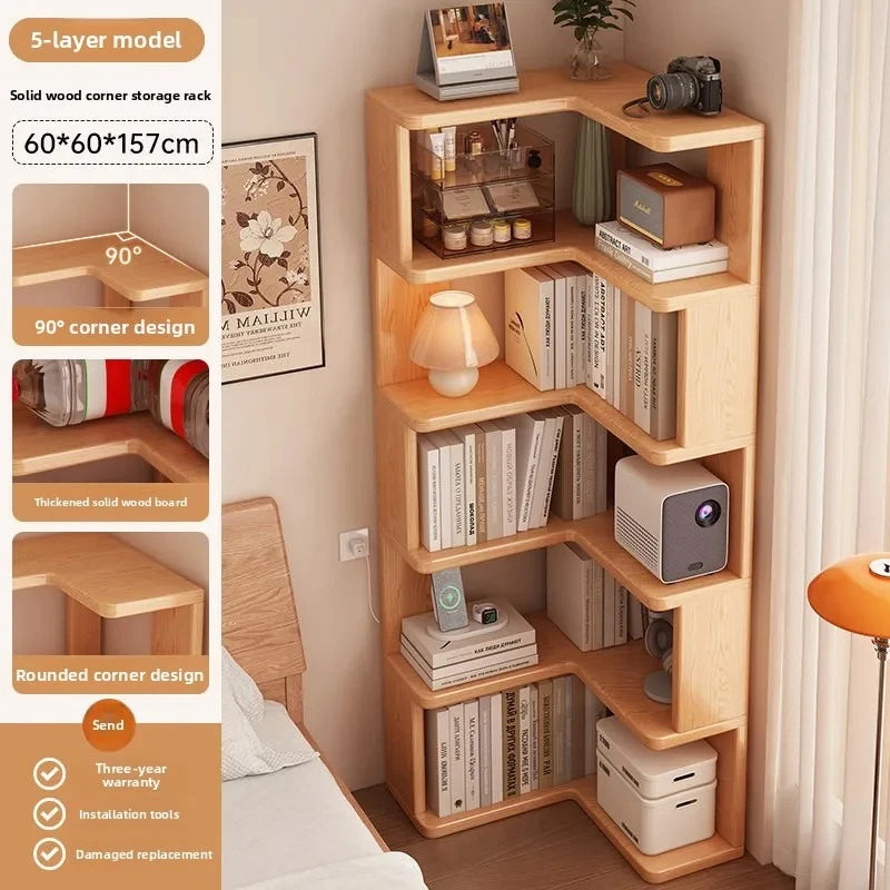 Solid Wood Corner Bookshelf with Multi-Layer Storage - Living Room & Bedroom Organizer