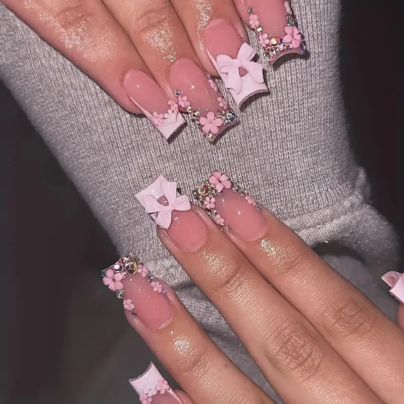 24PCS Nude Pink Fake Nails Set with 3D Bowknots & Flower Design - French Style Press On Tips