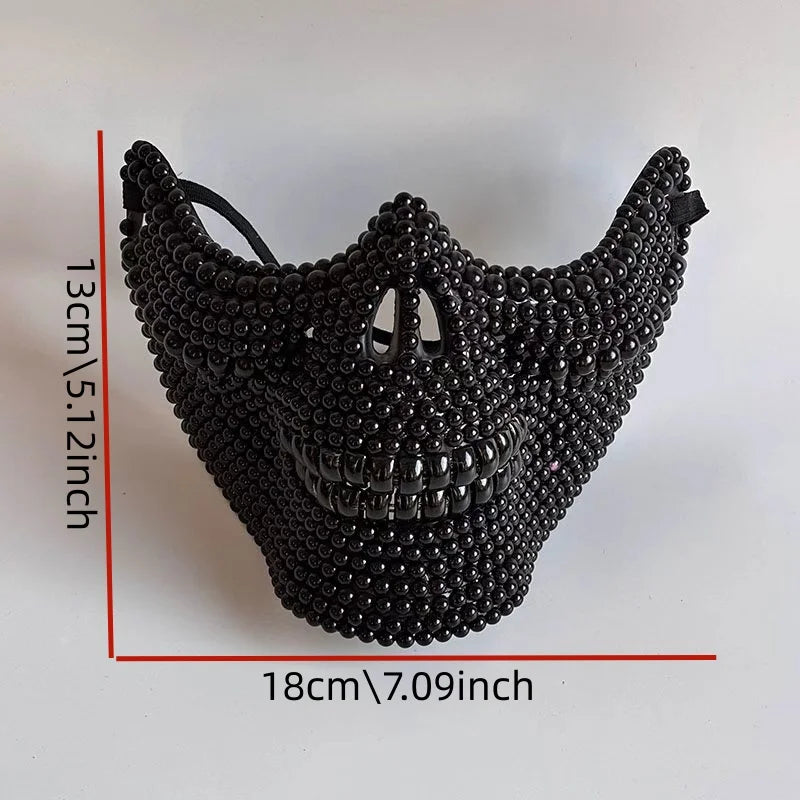 Handmade Ghost Rider Carnival Mask with Pearl Decor - Spooky Unisex Half Face Halloween Mask