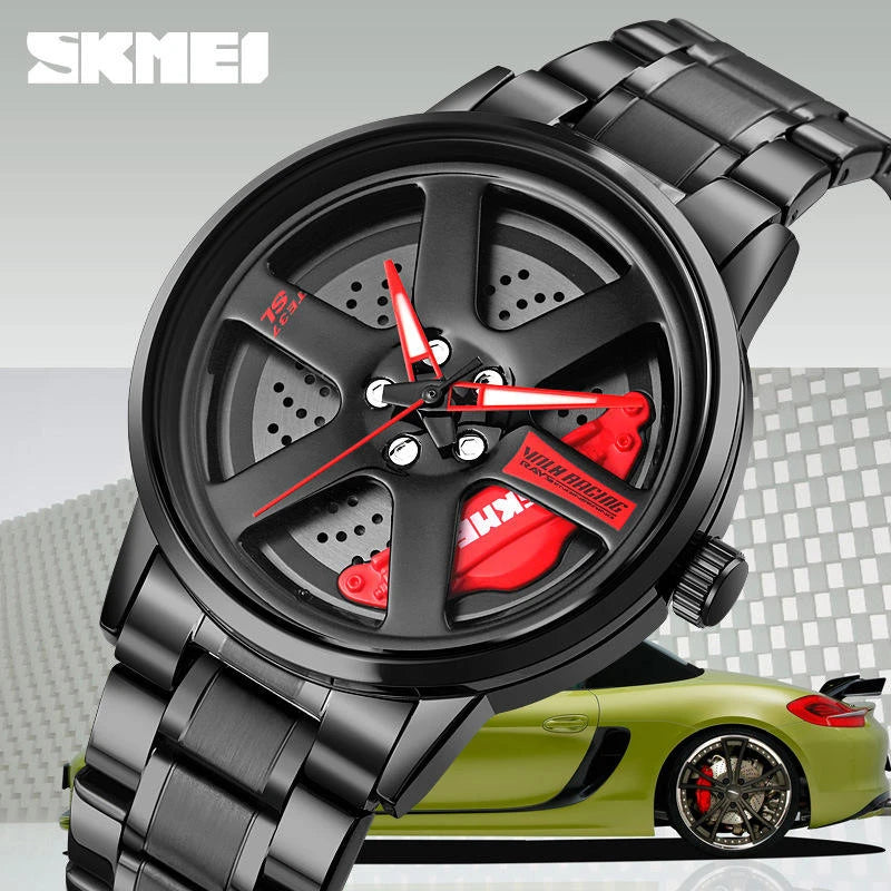 Men's Quartz Watch with Rotating Car Wheel Dial Waterproof Sports Racing Style