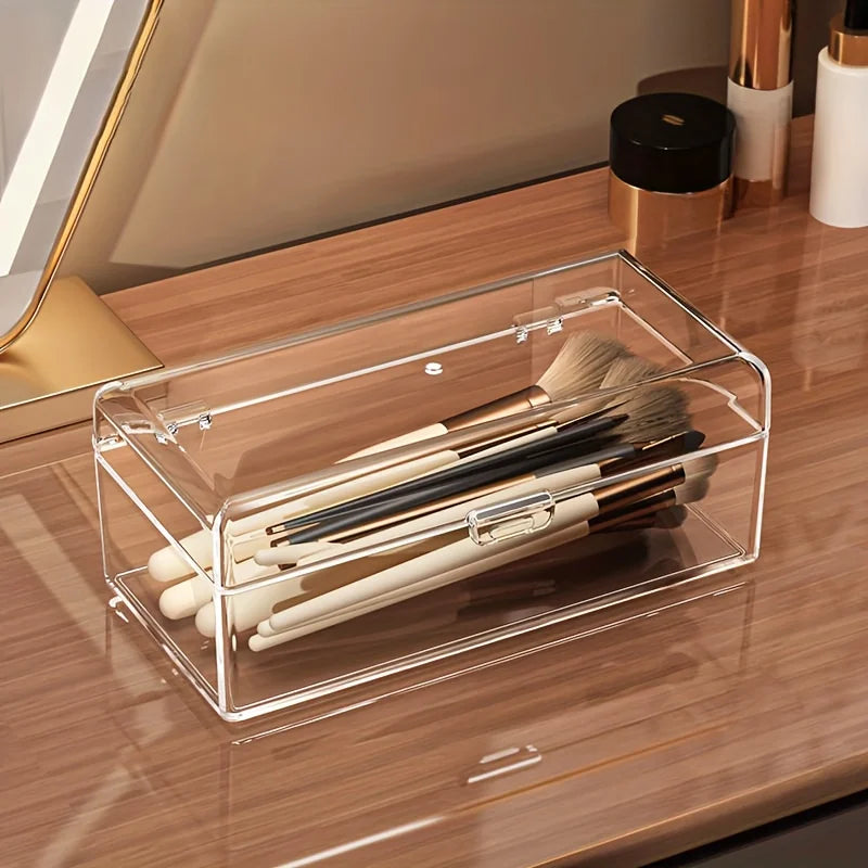 Transparent Makeup Organizer with Lid - Durable Storage Box for Lipstick, Eyeshadow, Brushes