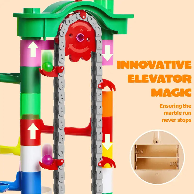 Glow-in-The-Dark Marble Run Construction Set with Motorized Elevator for Kids 4-8