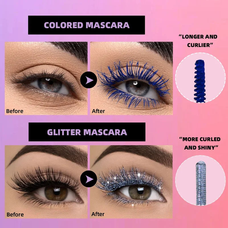 2-in-1 Glitter Colored Mascara - Waterproof Voluminous Eyelash Makeup