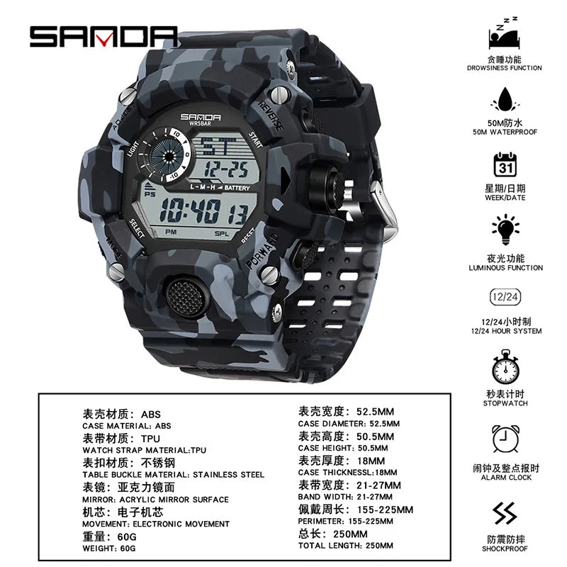 Digital Sports Men's Waterproof Watch with Shockproof Stopwatch and Military Style