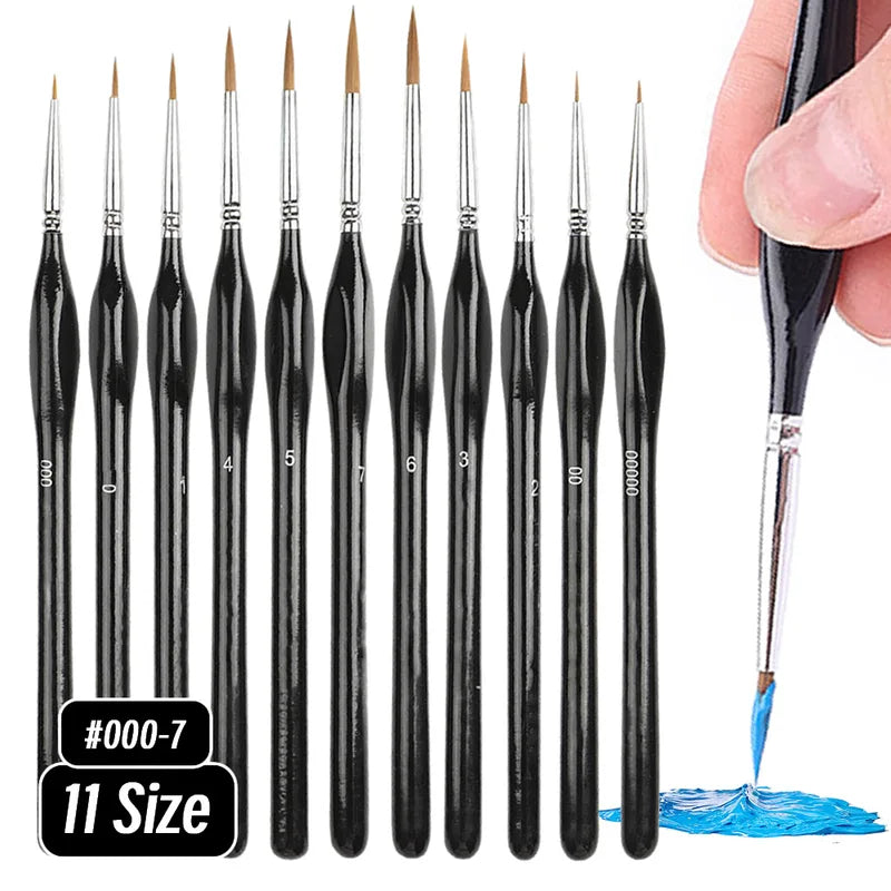 Fine Paint Brush Set for Acrylic Models - 11 Sizes, Black Tip, Nylon Hair, Detail Miniature Brushes