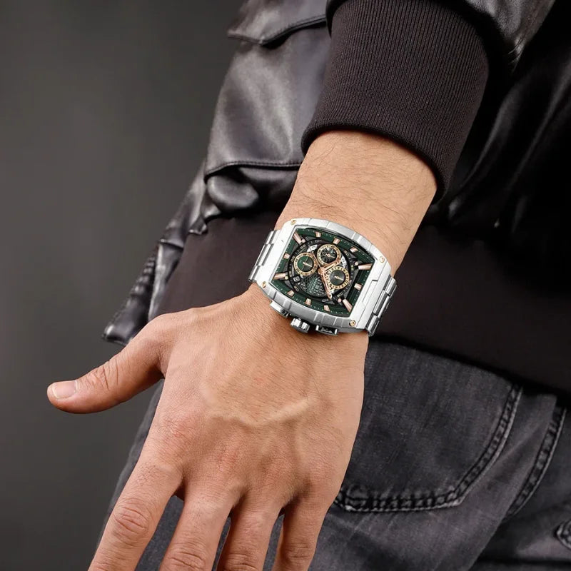 Luxury Men's Quartz Tonneau Watch with Chronograph and Water Resistance