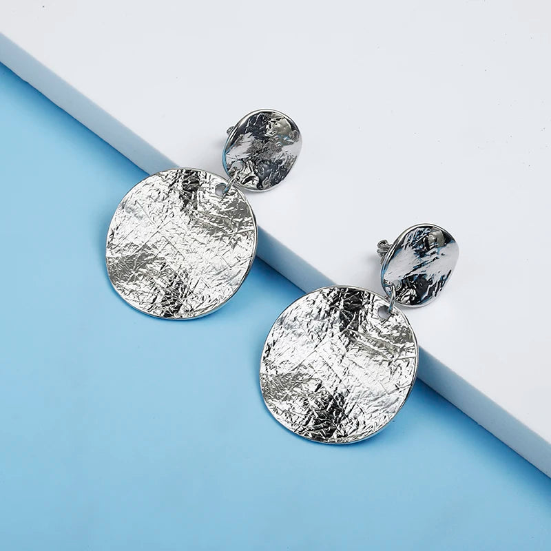 Vintage Metal Textured Round Disc Earrings - Geometric Statement Clip-Ons