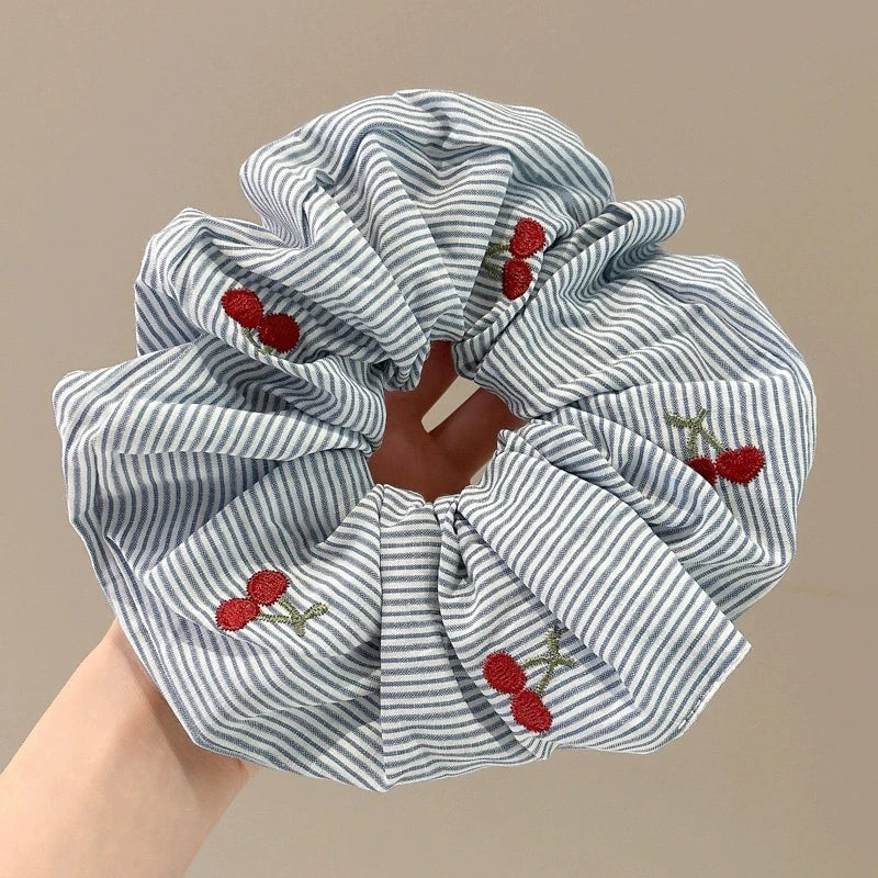 2pcs Blue Striped Red Bow Cherry Hair Scrunchies - Soft, Elastic & Gentle Hair Ties
