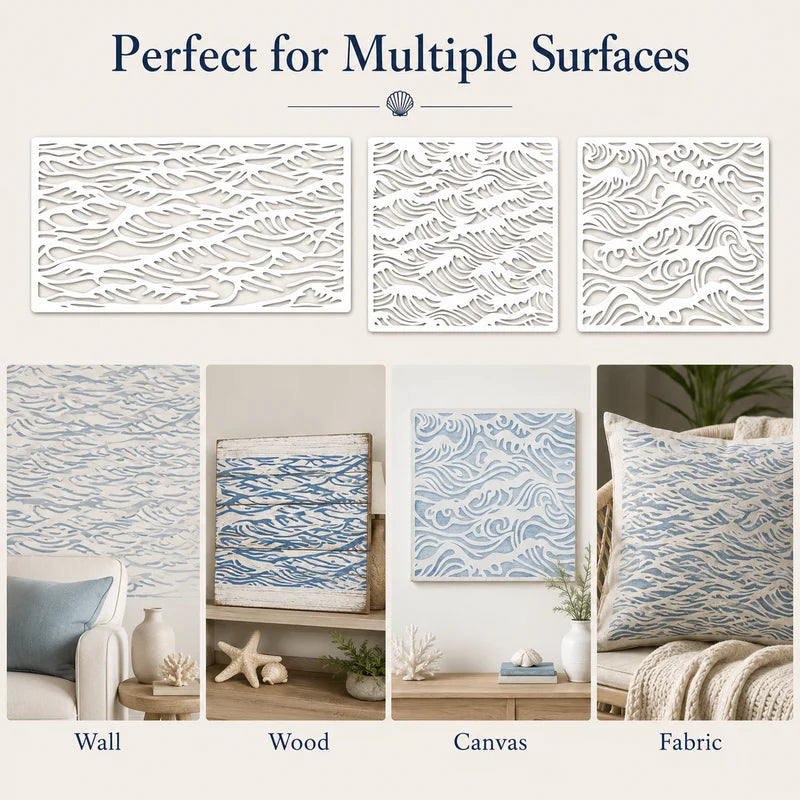 Wave Stencil Set for DIY Wall Wood Fabric Painting - Reusable Templates, 3 Pieces