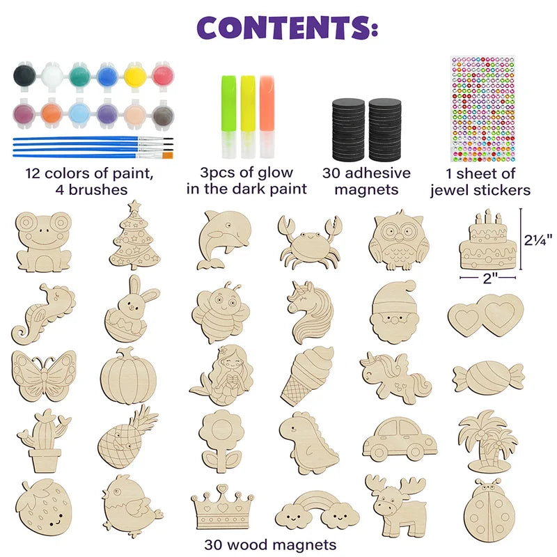 Kids DIY Wooden Magnet Craft Kit with Glow Paint & Accessories