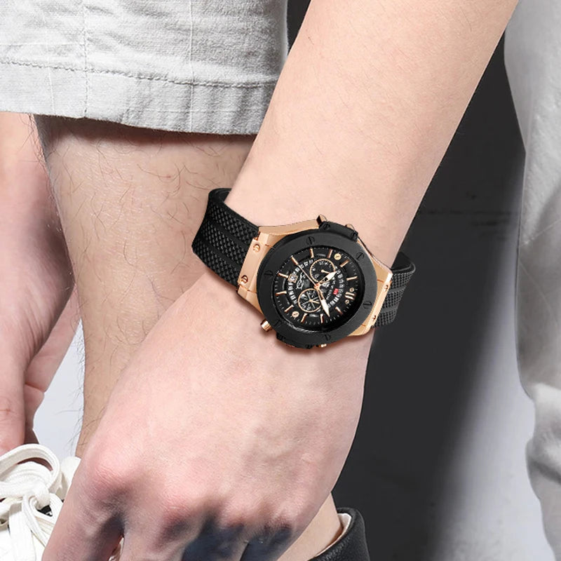Men's Large Silicone Sport Watch 46mm Hollow Dial Rose Gold Military Style Quartz