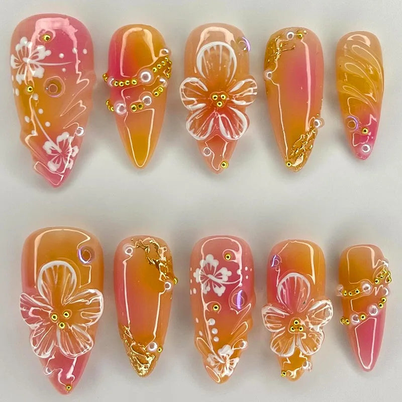 24Pcs 3D Ripple Design False Nails Cat's Eye French Almond Nail Tips - Removable Press On Nails