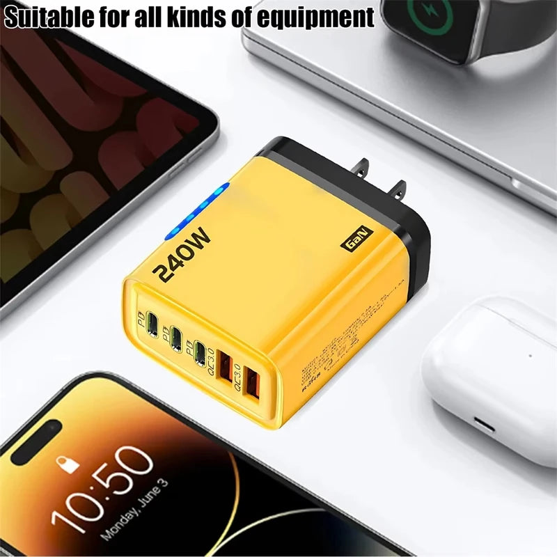 240W GaN Fast Charger Multi-Port USB-C Phone Adapter with LED Light
