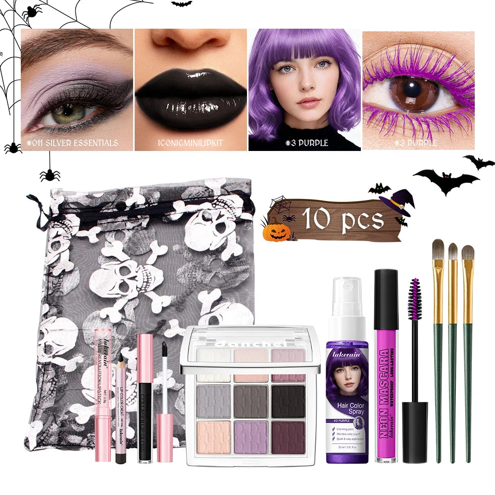 Halloween Makeup Set with Eyeshadow Palette, Lipstick, Hair Dye & Brushes
