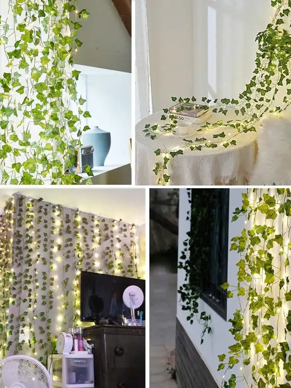 Artificial Green Leaf Vine with Lights - Outdoor Wall & Garden Decor, Fairy Vine for Weddings & Parties