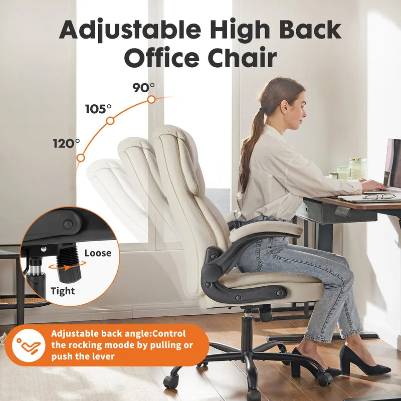Ergonomic Office Chair with Flip-Up Arms and Adjustable Swivel - Heavy Duty PU Leather Gaming Desk Chair