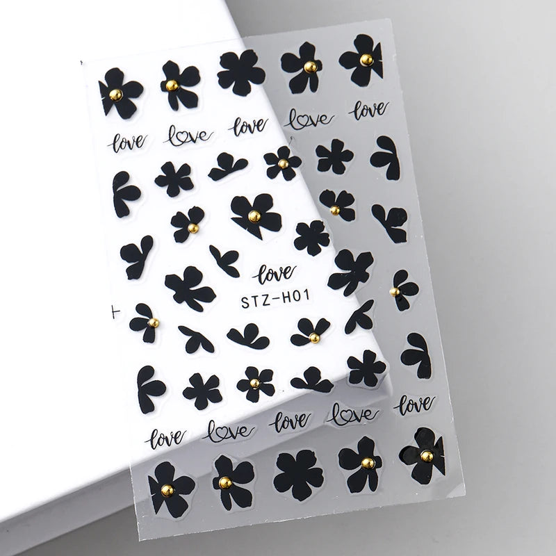 2pcs Black Flower Nail Stickers with Gold Beads - Easy Manicure Decor