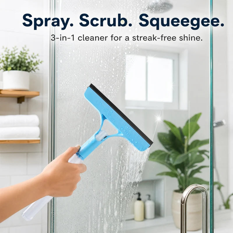 Handheld Glass Cleaner Squeegee with Spray & Sponge - Streak-Free Car Bathroom Kitchen