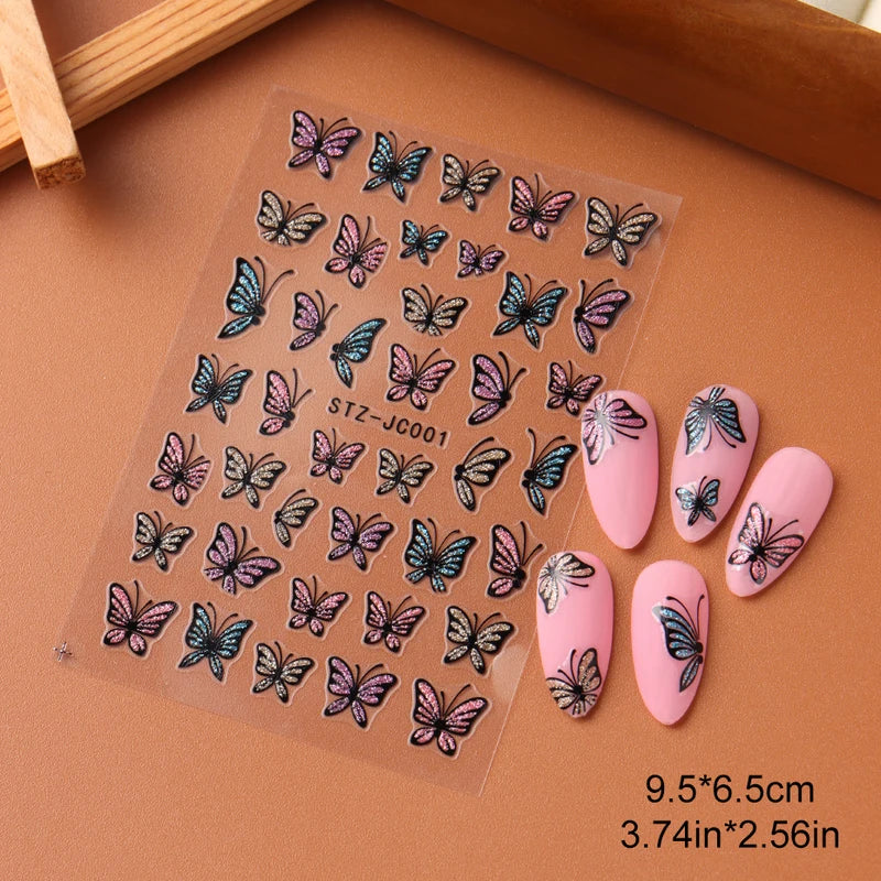 Glitter Butterfly Nail Stickers Decals - Self-Adhesive Floral & Gothic Designs