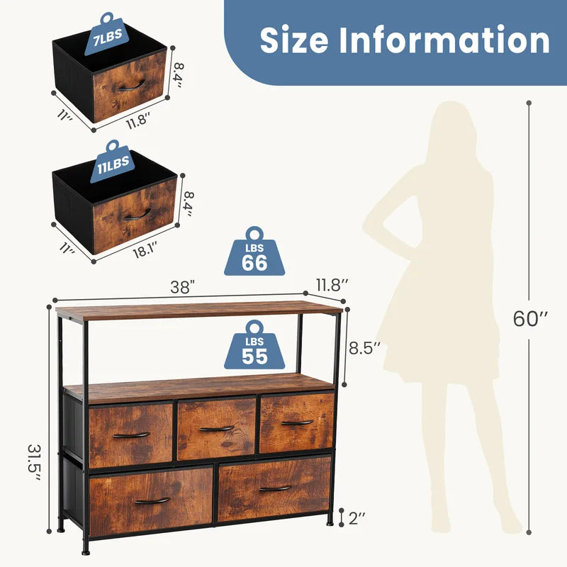 Bedroom TV Stand with 5 Fabric Drawers Storage Closet Chest - Multi-Use Dresser