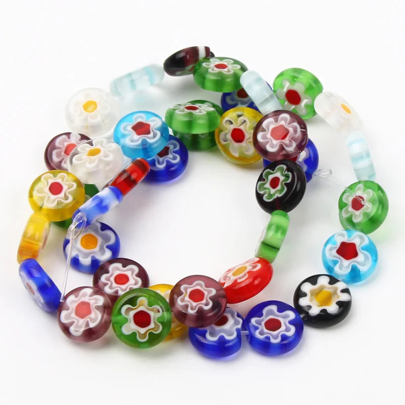 Glass Beads for Jewelry Making - Millefiori Flower Flat Round Spacer Beads