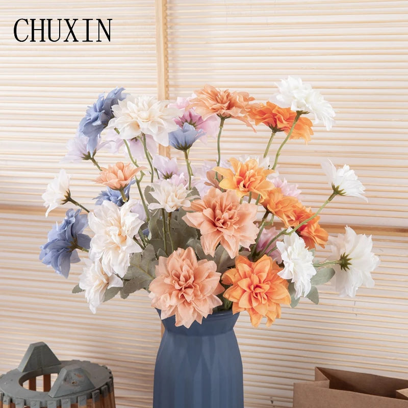 Artificial Dahlia Flowers 5 Heads Silk Chrysanthemum for Wedding Home Decor