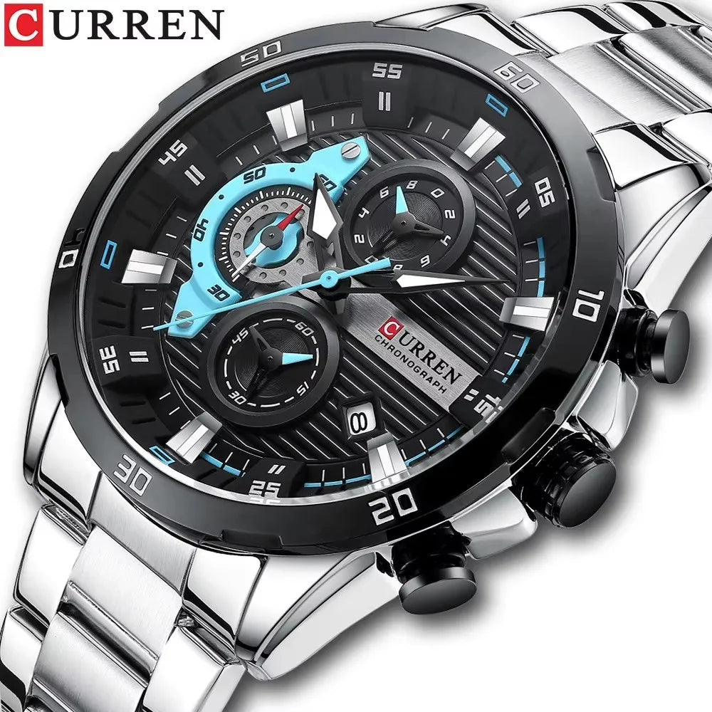 Men's Stainless Steel Watch with Luminous Dial and Chronograph - Unisex Fashion Timepiece