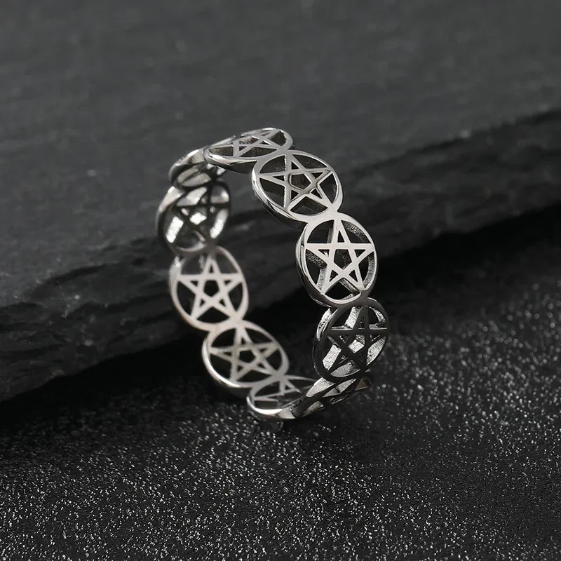 Stainless Steel Pentagram Ring for Women Geometric Wicca Protection Jewelry