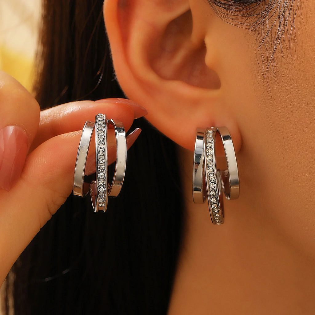 Simple Zircon C Shape Earrings for Women Three-Layer Circle Jewelry Gift