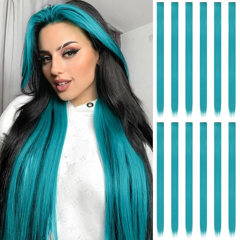 12 Pcs Teal Blue Clip-In Hair Extensions for Kids & Girls - 22 Inch Synthetic Highlights