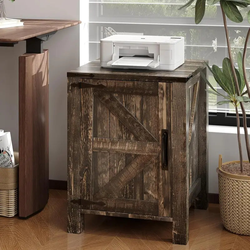 Farmhouse Bedside Table with USB Charging Station, Adjustable Two-Tier Shelf, Rustic Barn Door, Modern Bedroom End Table